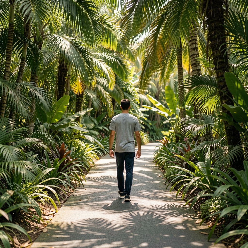 Shaded walking path through tropical greenery with a person moving at an easy pace