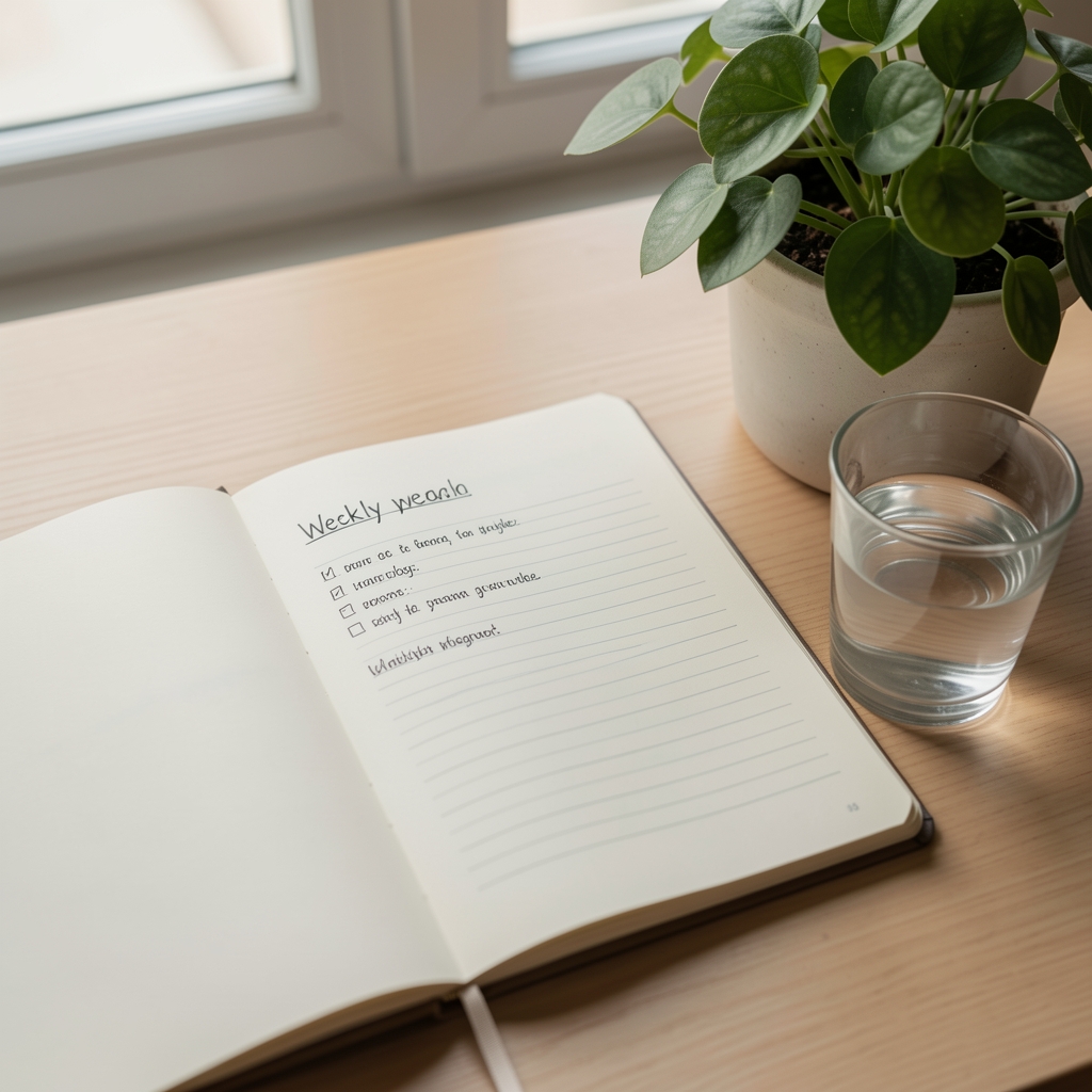 Open notebook showing a simple weekly wellbeing plan beside a glass of water and a leafy houseplant