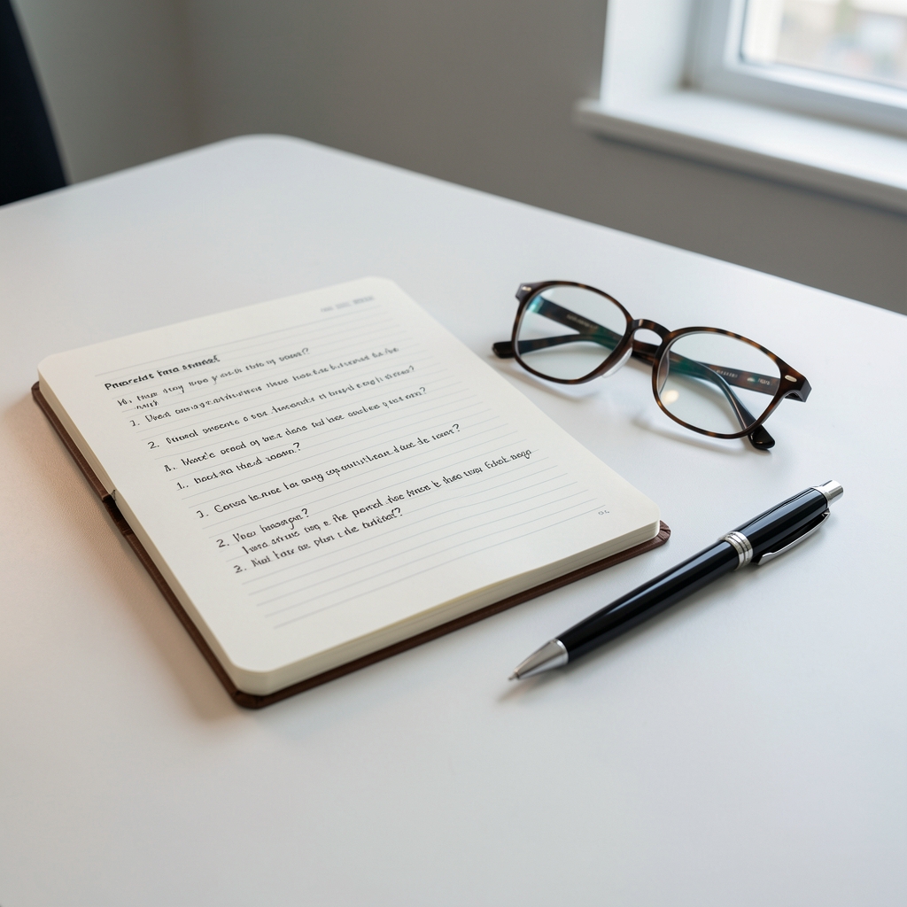 Notebook with prepared questions beside reading glasses and a pen on a clean consultation desk