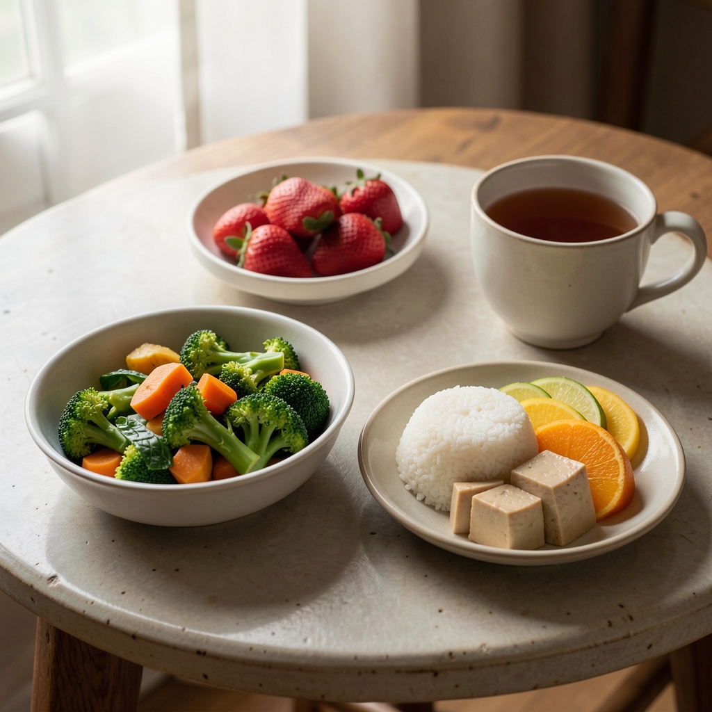 Balanced Indonesian breakfast with vegetables, rice, tofu, fruit, and unsweetened tea on a ceramic table
