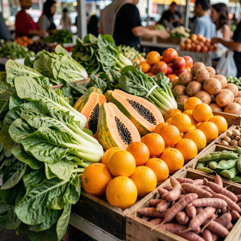 Colourful Indonesian market display of leafy greens, papaya, citrus, and legumes
