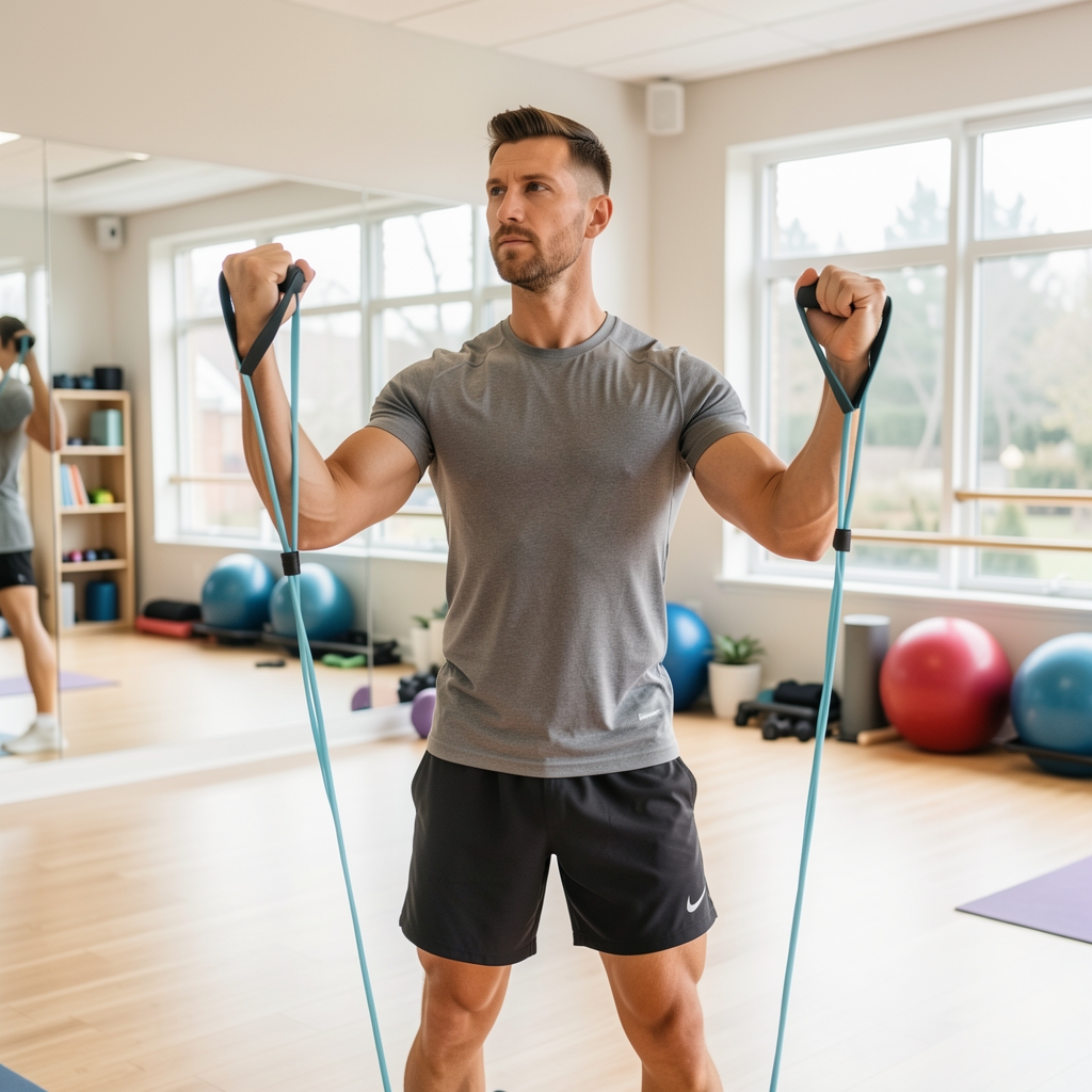 Man using light resistance bands in a bright community studio with careful controlled form